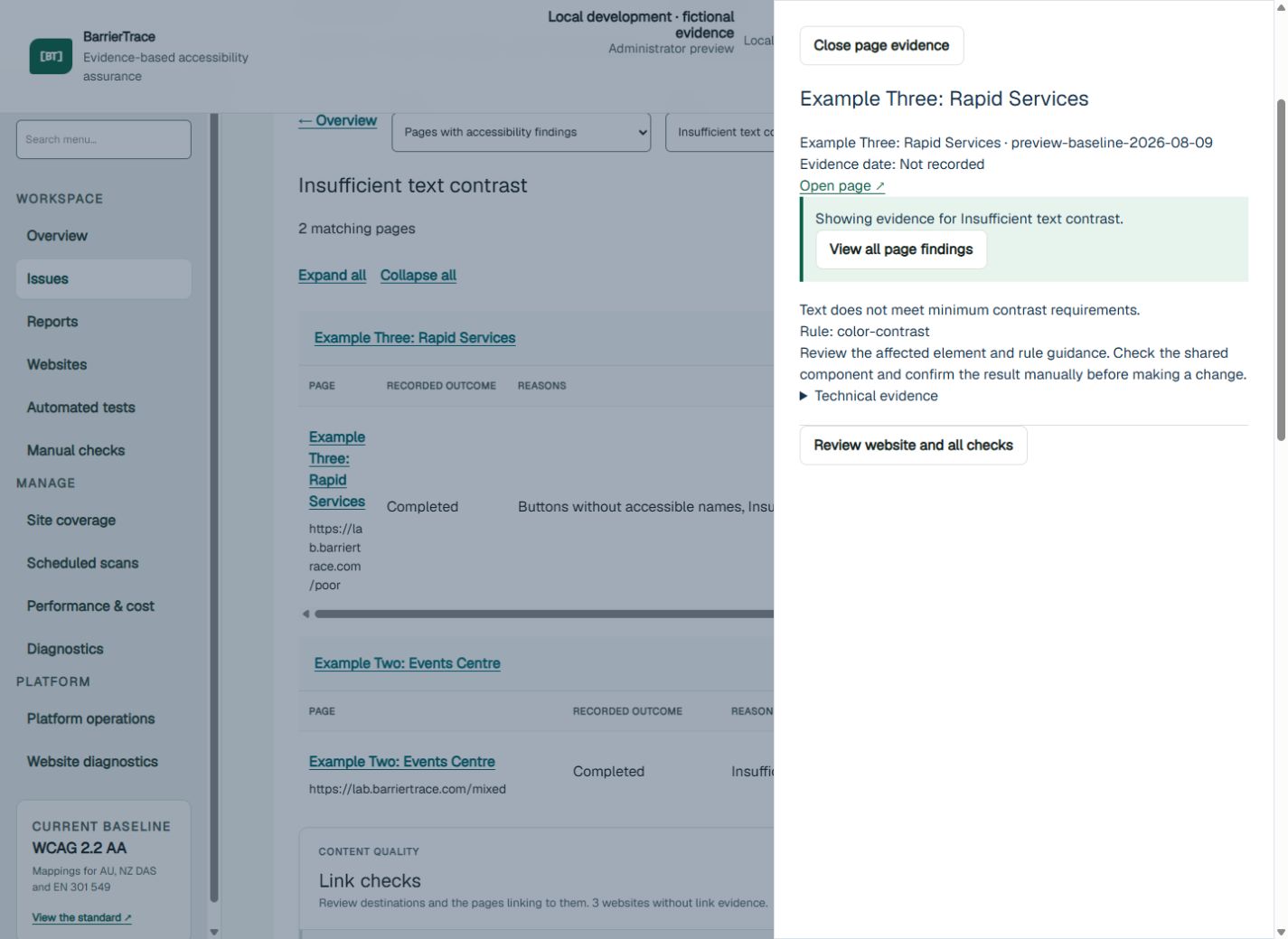 BarrierTrace page evidence dialog showing the selected text contrast finding and a Review website and all checks action, using fictional demonstration data.